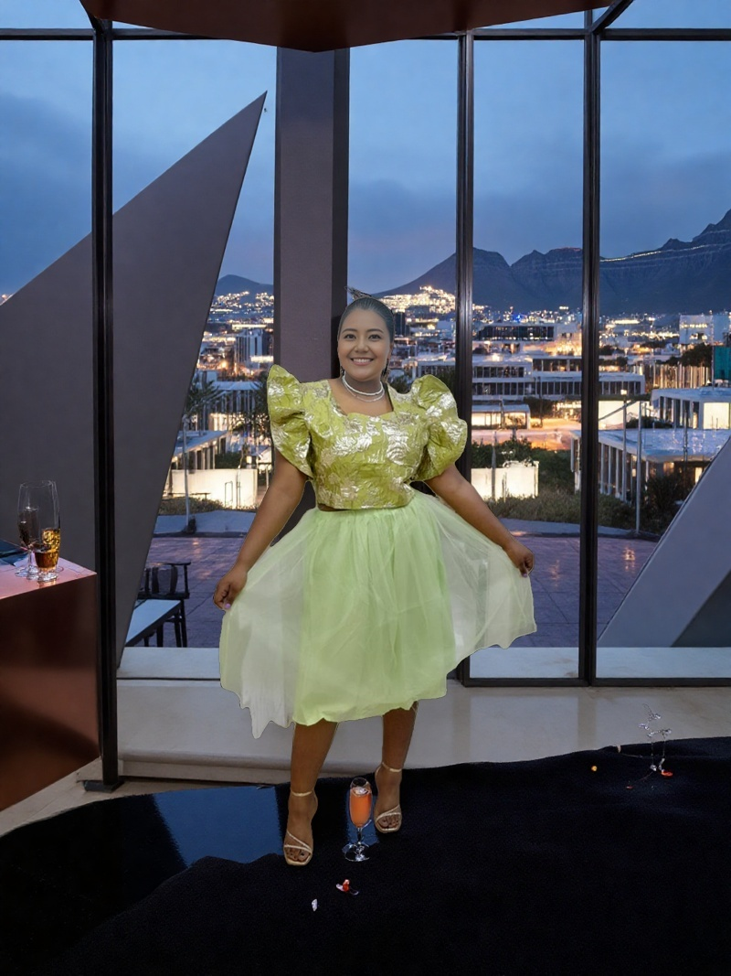 Green floral twin set with ruffle puff sleeves and flared skirt, knee length