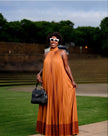 Pleated Halter Neck Maxi Dress Stripe Hem