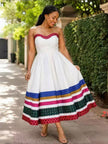 Strapless white traditional midi dress with colorful printed hem