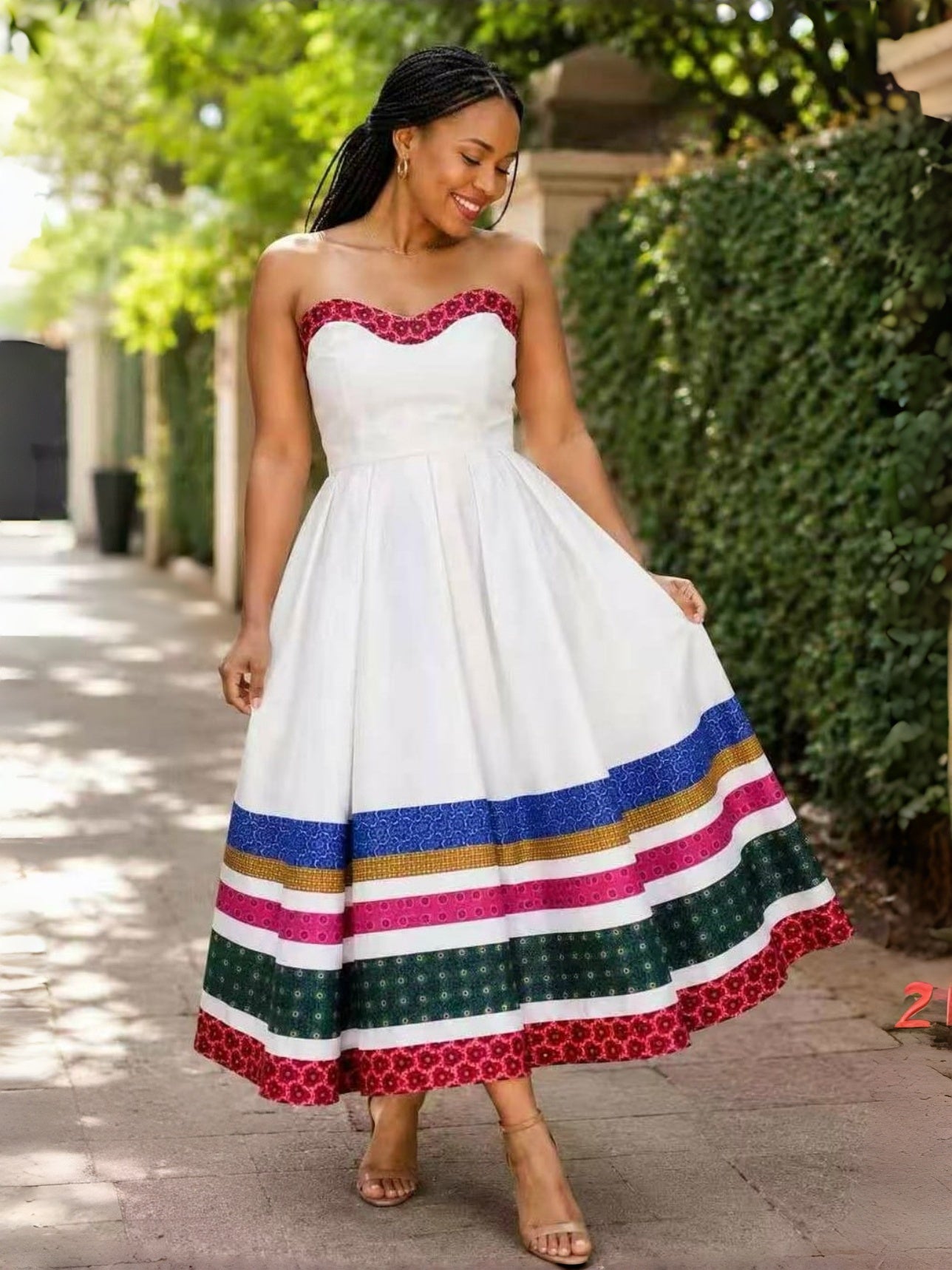Strapless white traditional midi dress with colorful printed hem