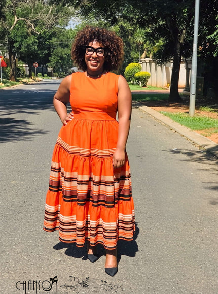 Women’s midi ethnic dress, round neck sleeveless orange with horizontal stripe tiered skirt