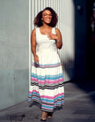 Women Maxi Ethnic Dress Square Neck Sleeveless Horizontal Stripe Casual Event Wear
