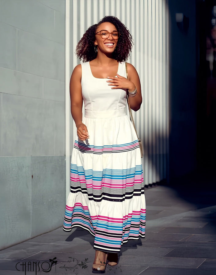 Square-neck sleeveless maxi dress, white with multicolor horizontal stripe tiers