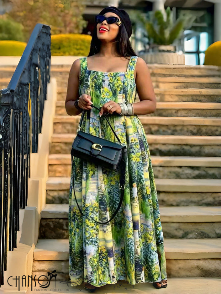 Maxi Dress Square Neck Wide Strap Landscape Floral Print Brunch Outfit