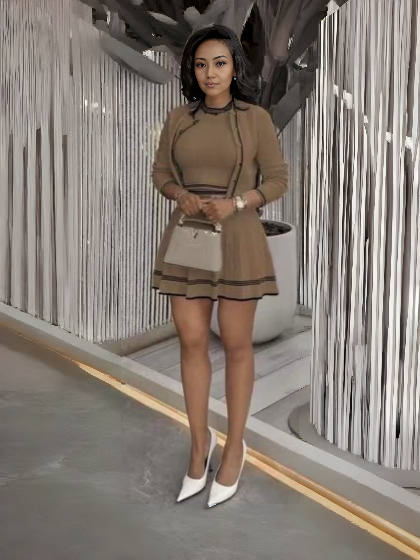 Women's Knit Jacket and High-Waist Skirt 3PS with Geometric Patterns and Contrast Trim