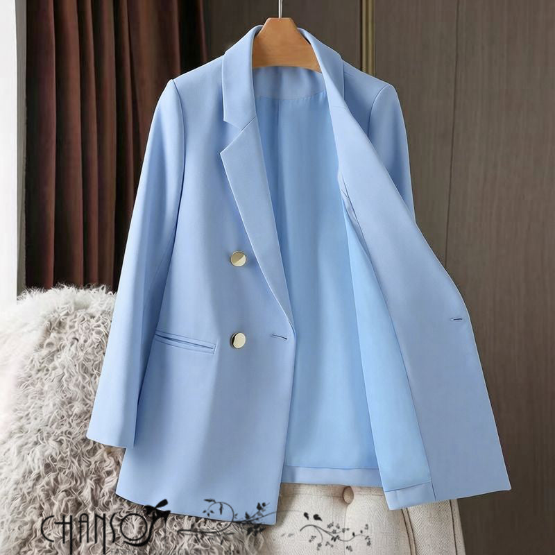 Women's double-breasted gold button blazer available in light blue and beige, sizes M-3XL from FashionPrice South Africa - view 2
