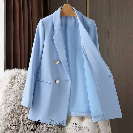 Sky blue double-breasted blazer with gold buttons, notch lapel, long sleeves