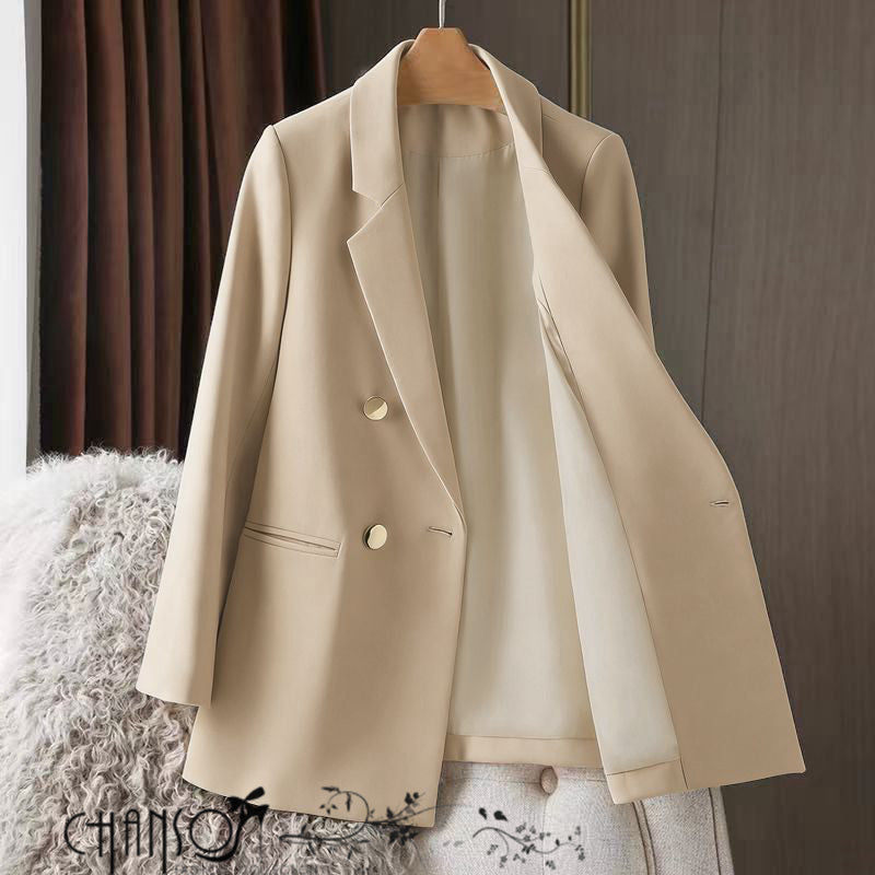 Women's double-breasted gold button blazer available in light blue and beige, sizes M-3XL from FashionPrice South Africa - view 3