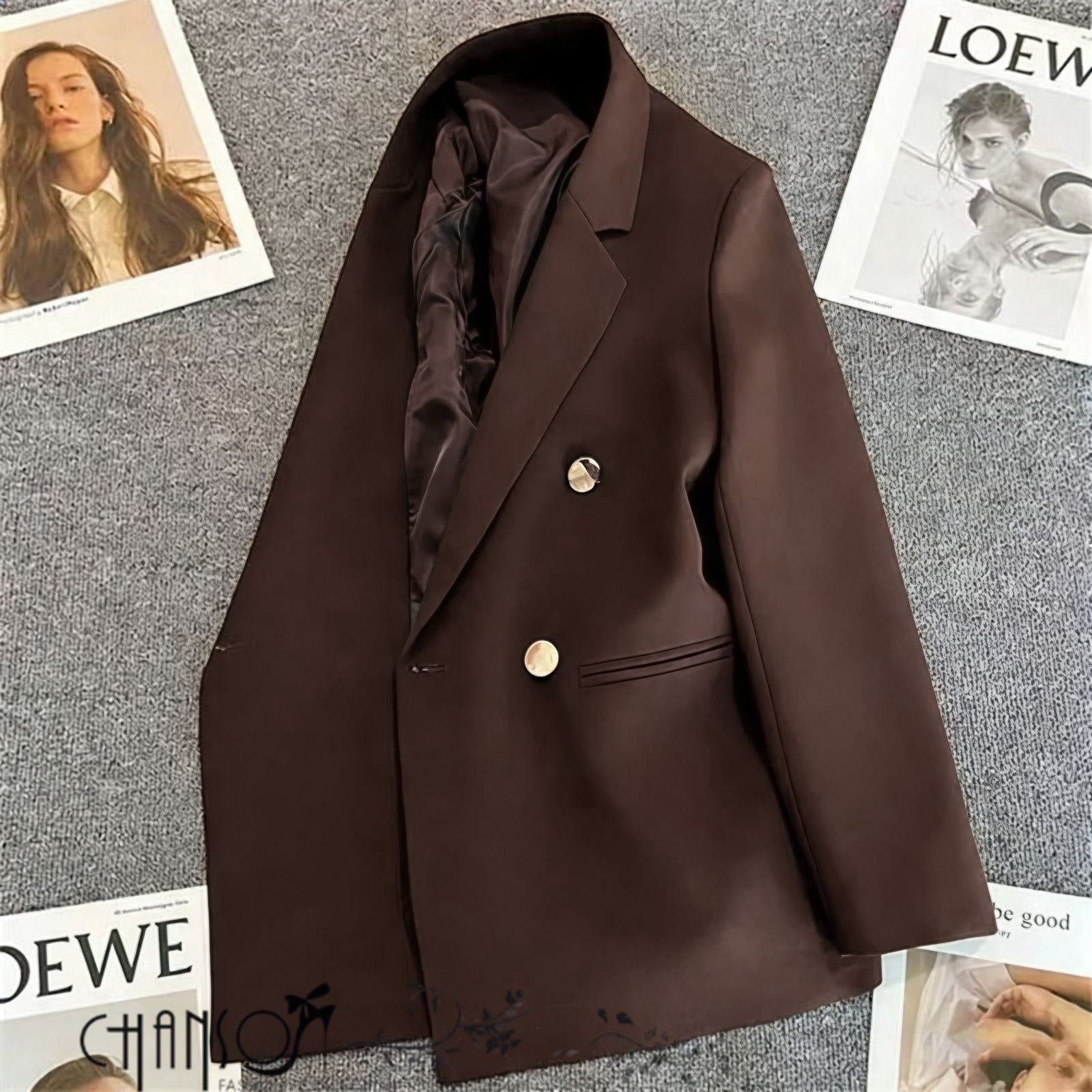 Women's double-breasted gold button blazer available in light blue and beige, sizes M-3XL from FashionPrice South Africa - view 1