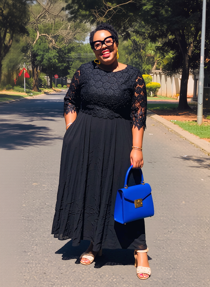 Black lace midi dress with textured fit-and-flare skirt and scalloped lace neckline