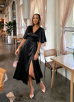 Women's satin midi wrap dress with flutter sleeves and front slit - view 2