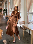 Women's satin midi wrap dress with flutter sleeves and front slit - view 1