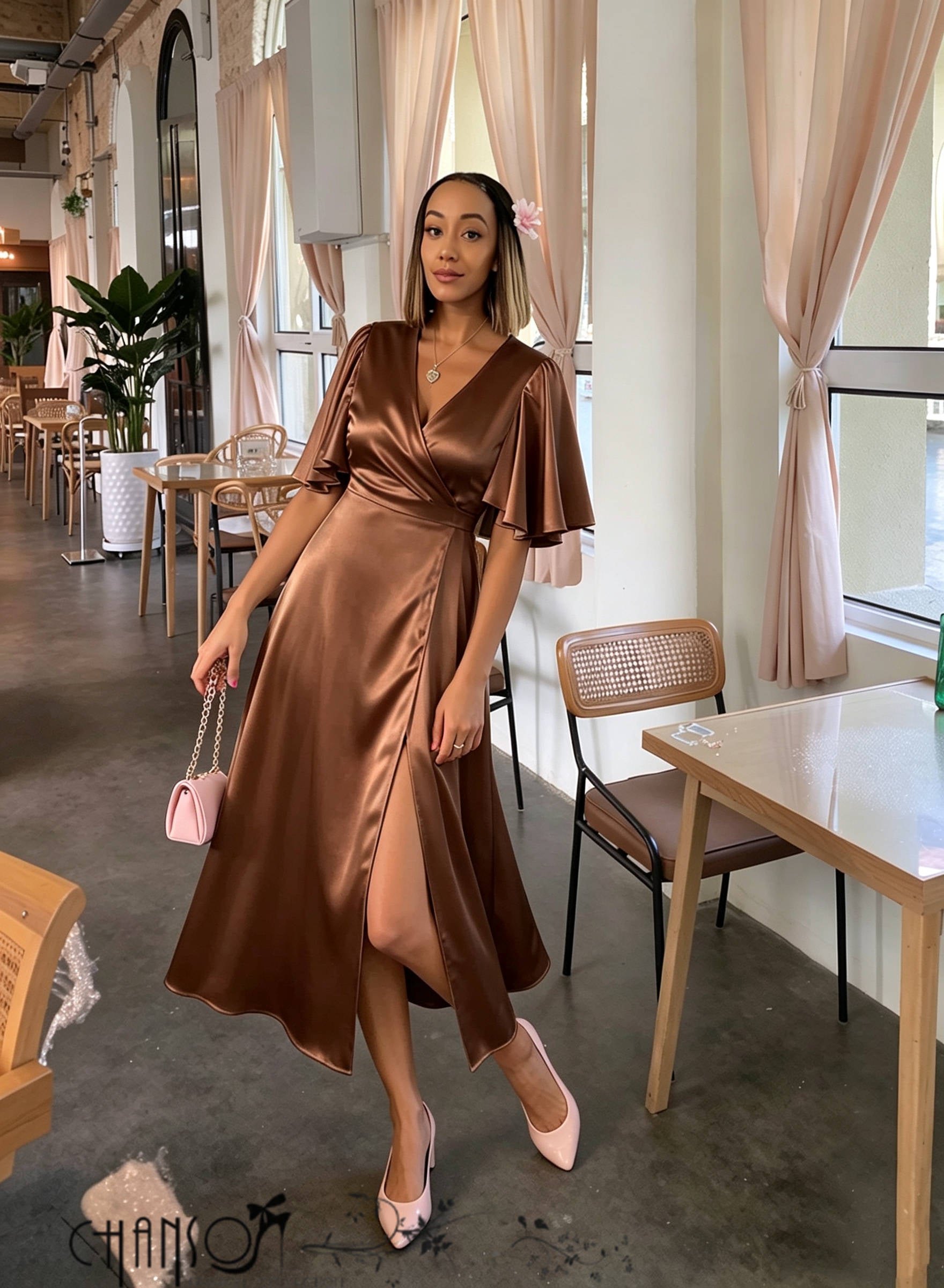 Women's satin midi wrap dress with flutter sleeves and front slit - view 1