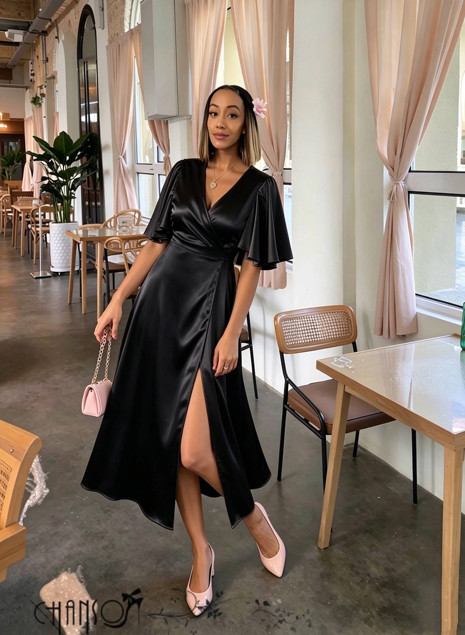 Women's satin midi wrap dress with flutter sleeves and front slit - view 2