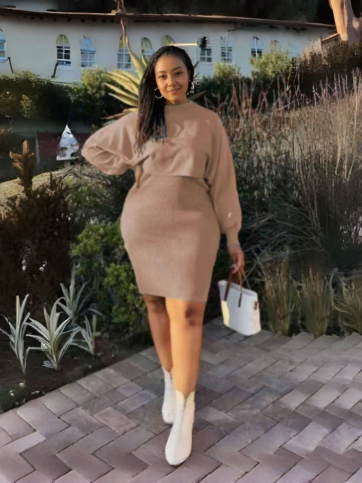 Khaki knit twin set midi dress with puff sleeves and ribbed knit body