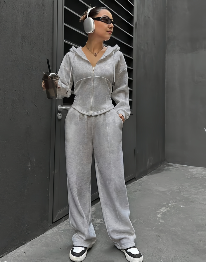 Grey hooded zip hoodie and relaxed jogger pants set, wide-leg fit.