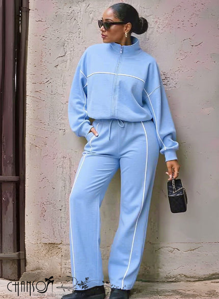 Sky-blue contrast-piped zip tracksuit: zip jacket and drawstring pants