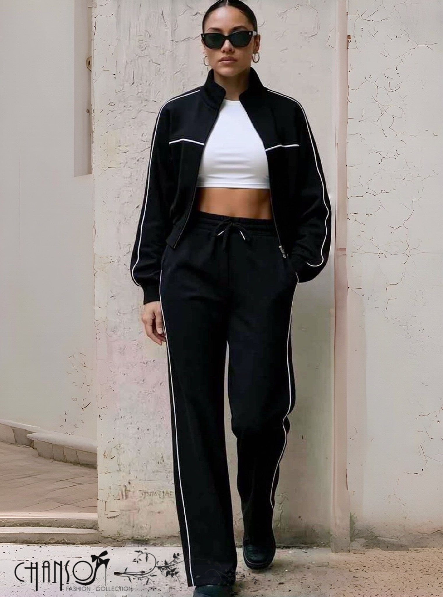 Black contrast-piping zip tracksuit jacket with drawstring wide-leg pants
