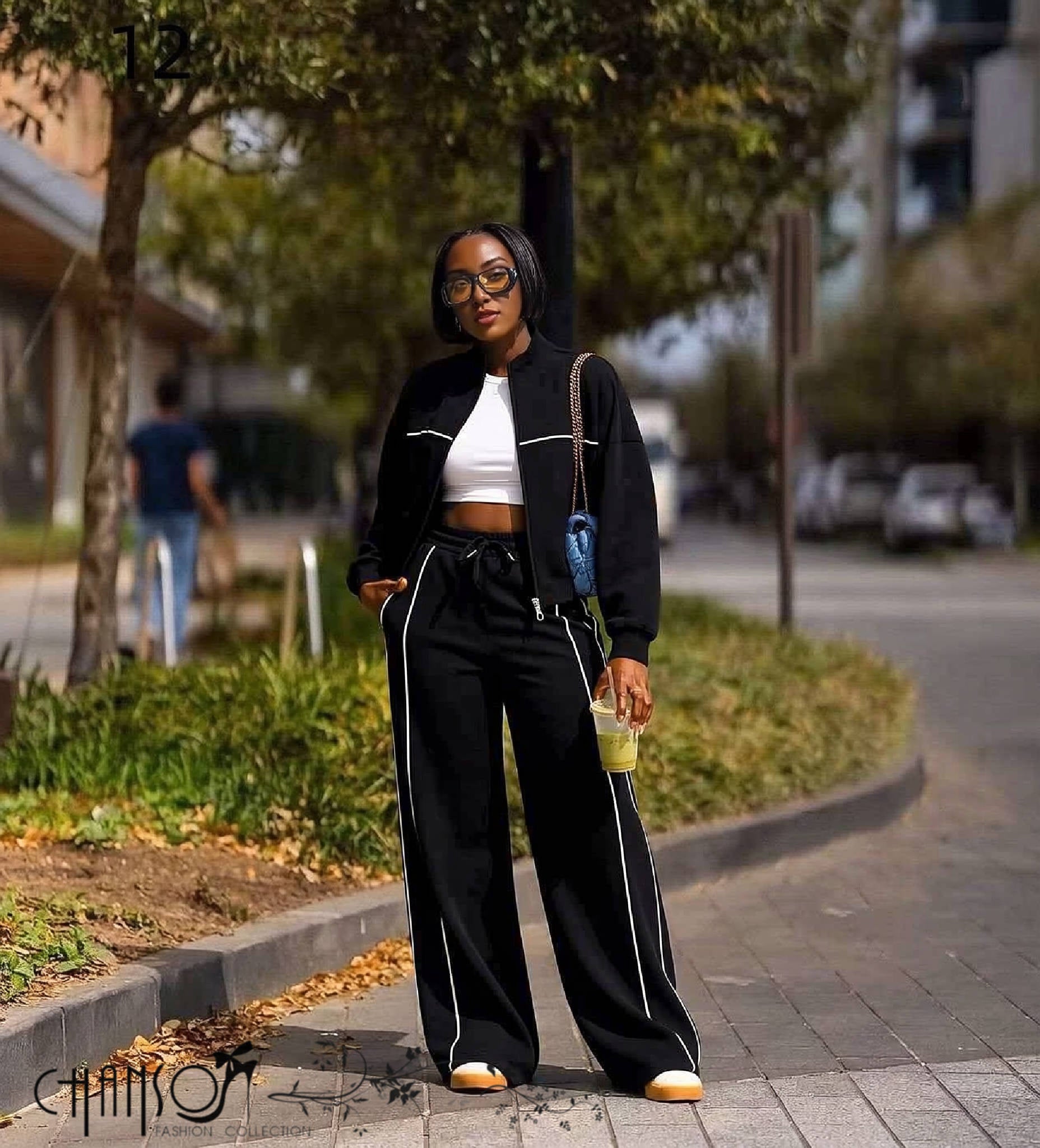 Black contrast-piping zip tracksuit jacket with wide-leg drawstring pants