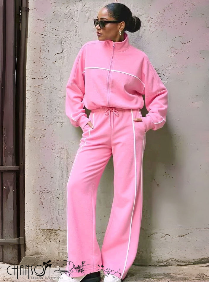 Pink contrast-piping zip tracksuit jacket and drawstring waist pants set