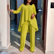 Green-yellow loose long-sleeve blouse and wide-leg trousers set, asymmetrical hem