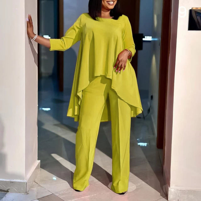 Green-yellow loose long-sleeve blouse and wide-leg trousers set, asymmetrical hem