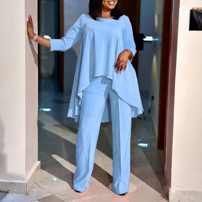 Sky-blue loose long-sleeve blouse and wide-leg trousers set, asymmetrical hem