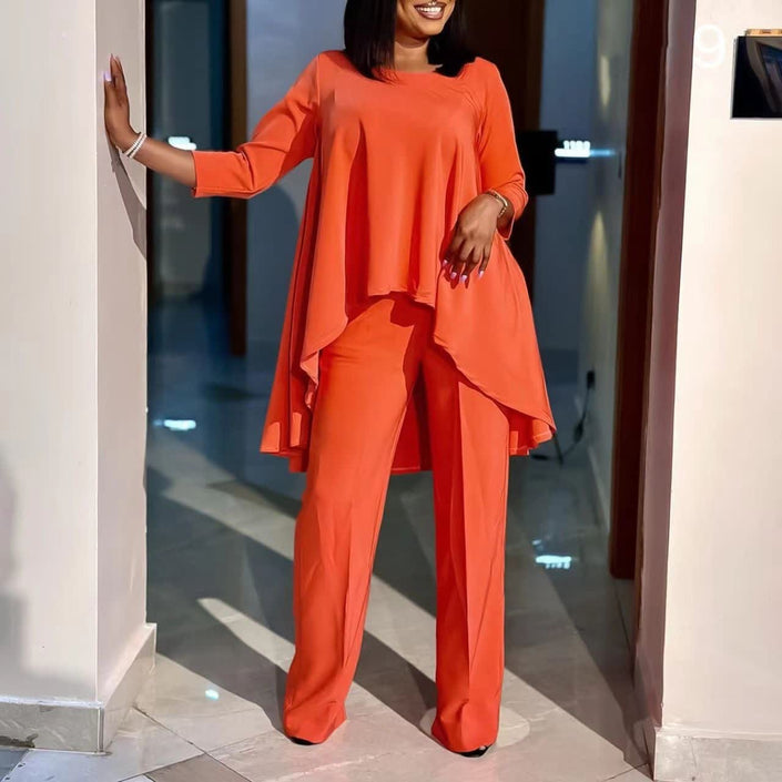 Orange-red loose long-sleeve blouse and wide-leg trousers set, asymmetrical hem