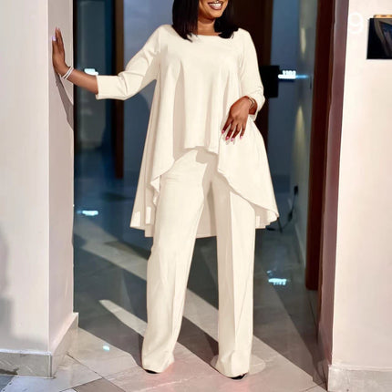 White loose long-sleeve blouse and wide-leg trousers set, asymmetrical hem
