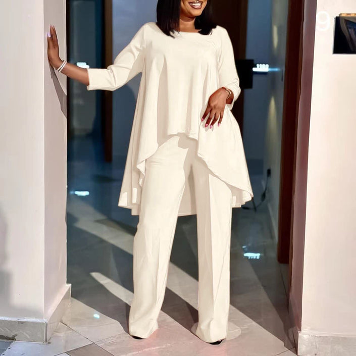 White loose long-sleeve blouse and wide-leg trousers set, asymmetrical hem