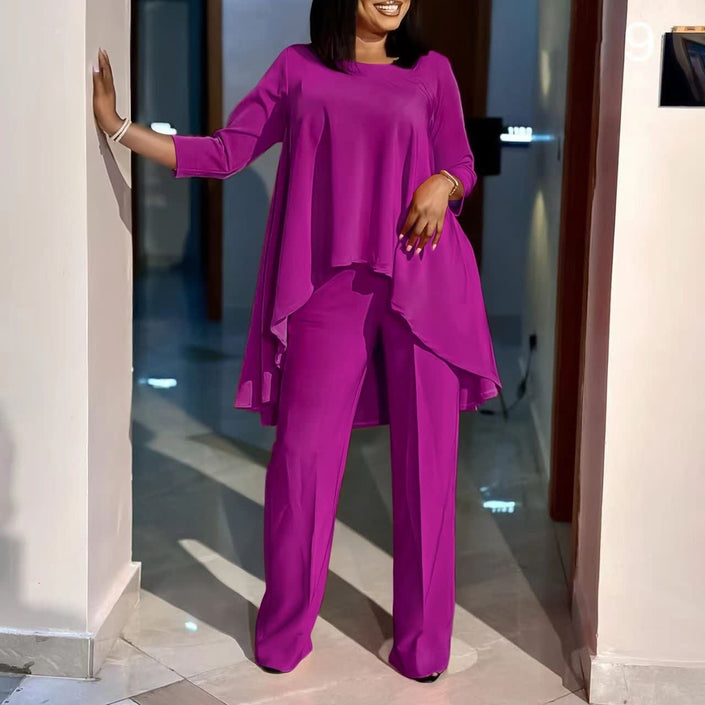 Violet-red loose long-sleeve blouse and wide-leg trousers set, asymmetrical hem