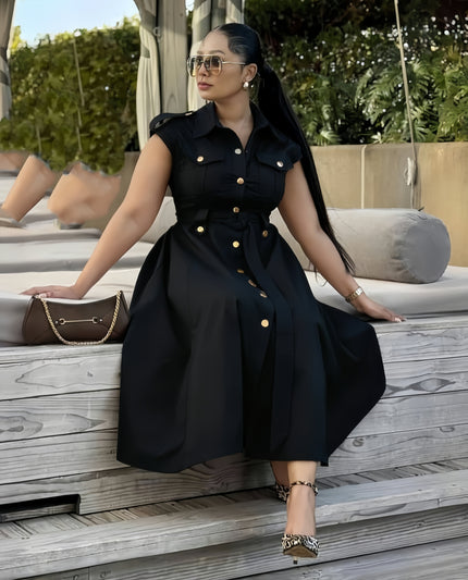 Black shirt dress midi with gold buttons, sleeveless and structured collar