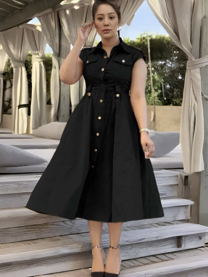 Black shirt dress midi with gold buttons and tie belt, sleeveless style