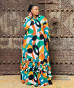 Long-Sleeve Maxi Dress with Abstract Print and Ruffle Accents
