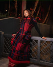 Red and Black Plaid Knitted Dress with Collar, Button Detail, and Tassel Hem