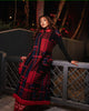 Red and Black Plaid Knitted Dress with Collar, Button Detail, and Tassel Hem