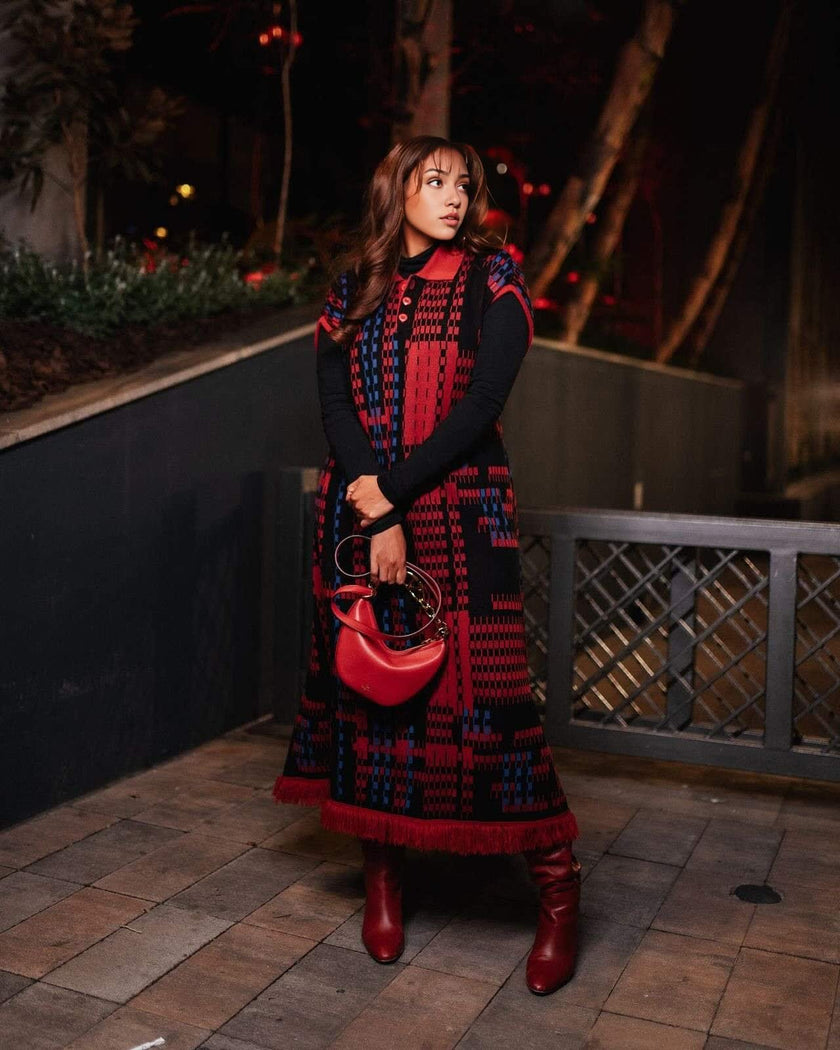 Red and Black Plaid Knitted Dress with Collar, Button Detail, and Tassel Hem
