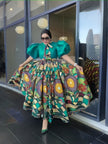 frican-Inspired Geometric Print Puff Sleeve Dress  Flared Skirt