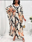 Abstract print kaftan-style dress with wide sleeves and V-neck