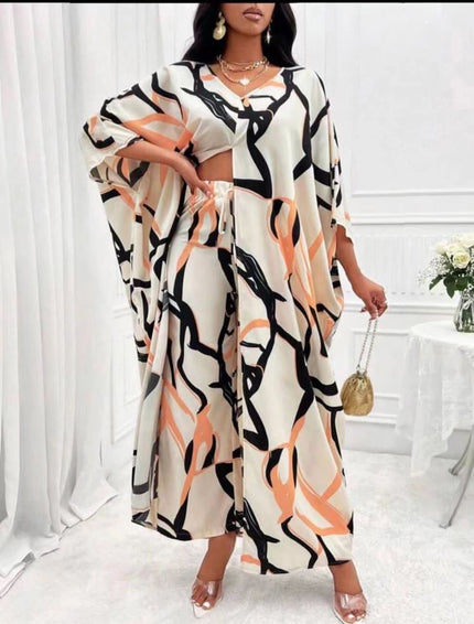 Abstract print kaftan-style dress with wide sleeves and V-neck