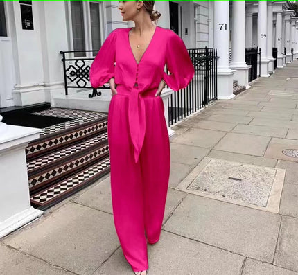 Deep-Pink V-neck jumpsuit with puff sleeves and adjustable waist tie