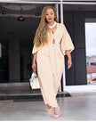 Cream V-neck puff-sleeve maxi dress with tie waist and button front