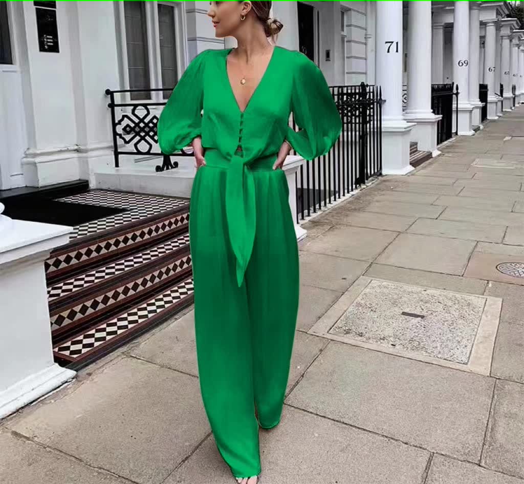 Green V-neck puff-sleeve maxi dress with tie waist and button front