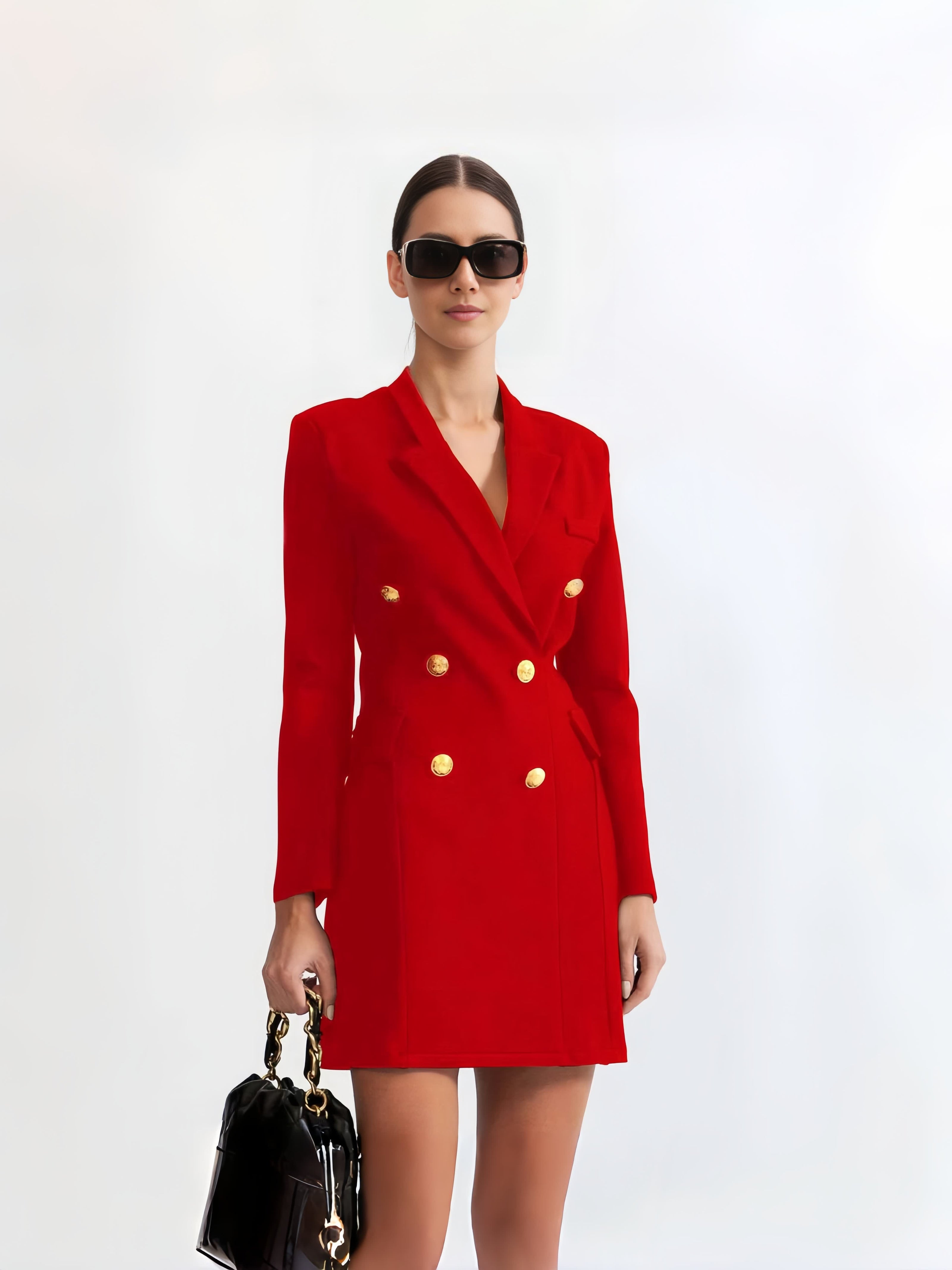 Women's  Double-Breasted Blazer Dress with Gold Button Embellishments and Slim Fit Long Sleeve Design