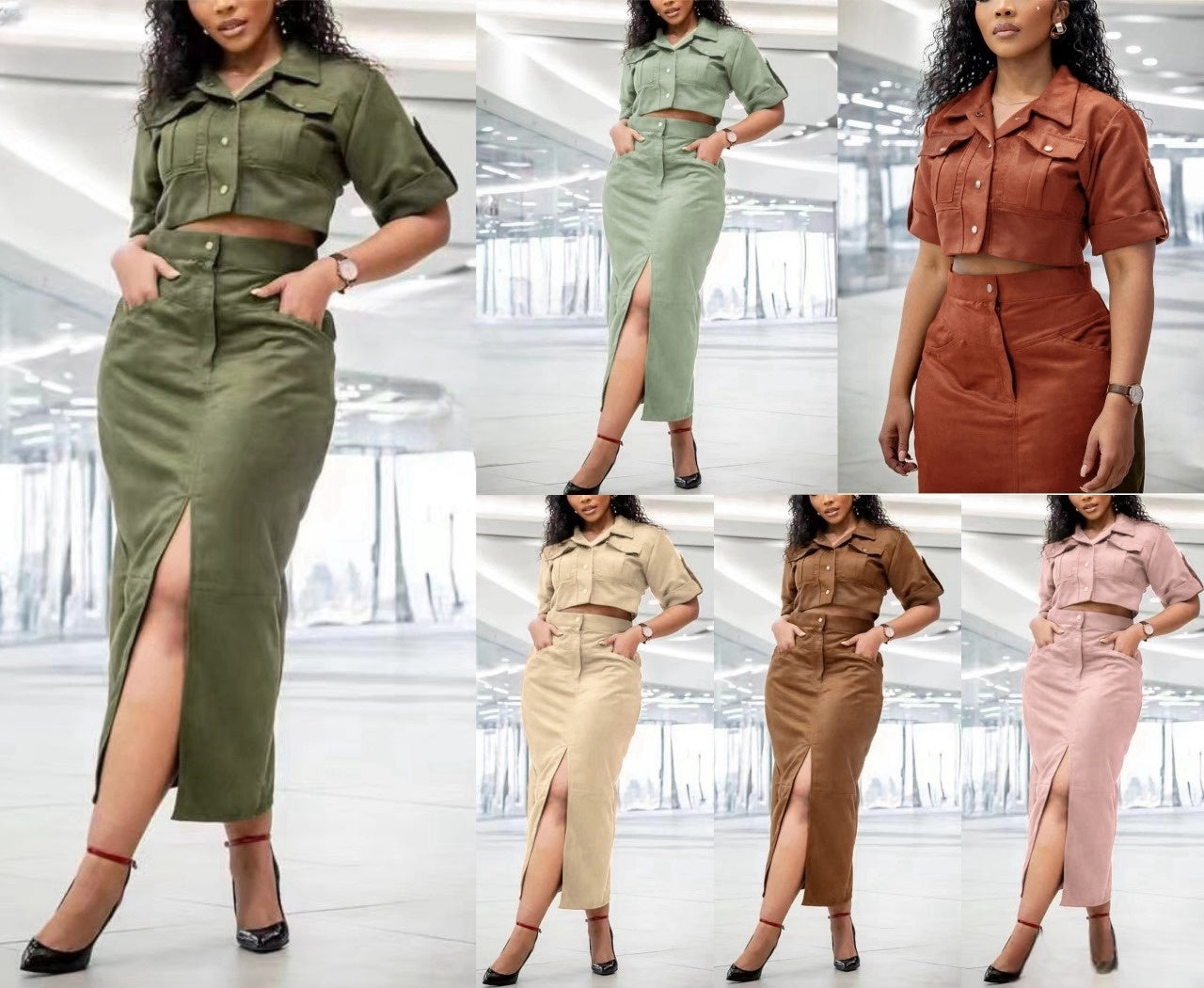 Midi skirt and short-sleeve button-up shirt set with side slit, shown in multiple colors