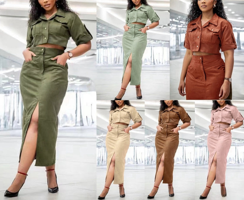 Midi skirt and short-sleeve button-up shirt set with side slit, shown in multiple colors