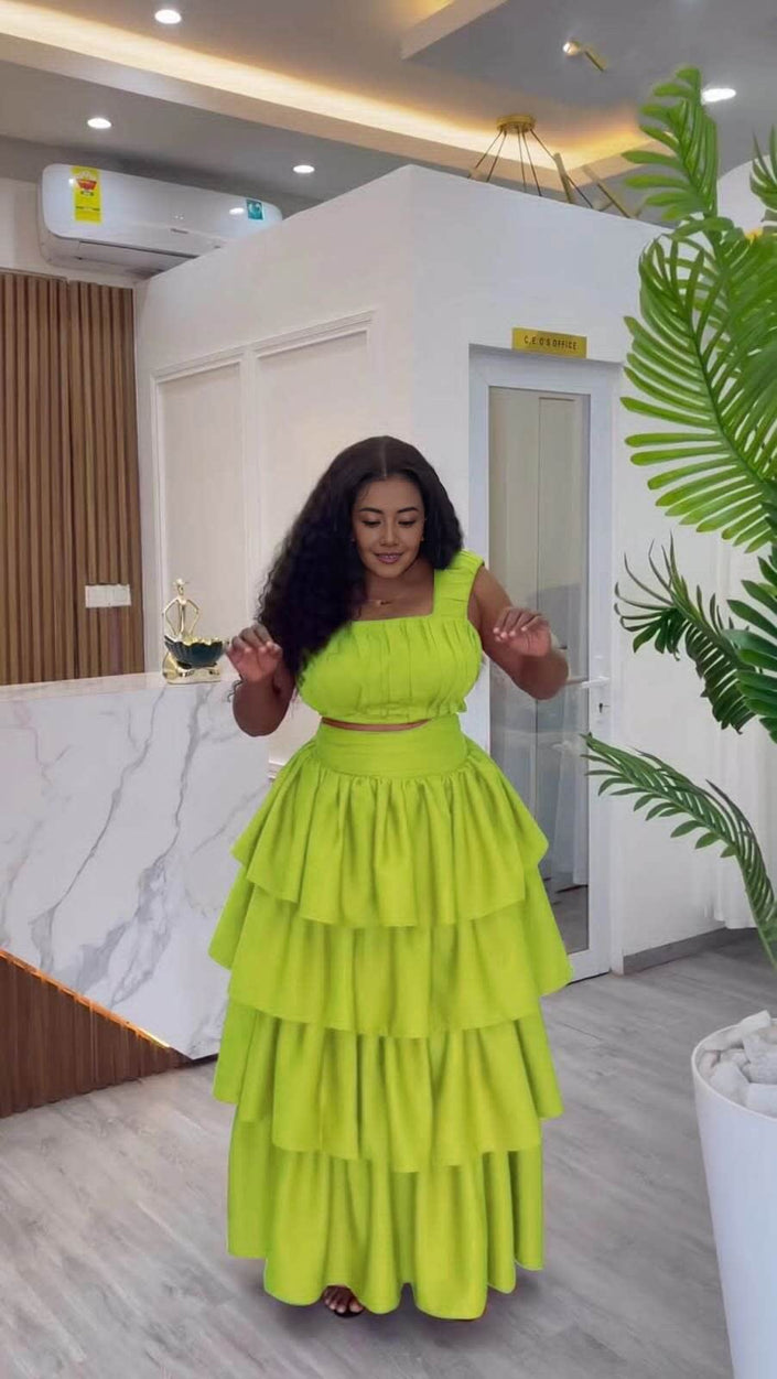 Lime green ruffle tiered maxi dress with smocked bodice and off-shoulder sleeves