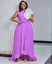 Purple maxi dress, sleeveless high-low hem with floral applique and chain belt
