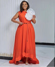 Elegant Sleeveless High-Low Hem Maxi Dress with Floral Applique