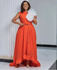 Orange-red maxi dress, sleeveless with high-low hem and floral applique bodice
